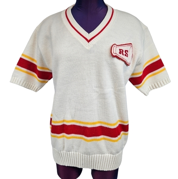 Vintage Bristol White & Red Varsity Cheerleader V-Neck Sweater‎ Size Large E48 - Picture 1 of 7